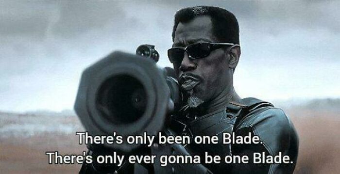 Man in dark glasses aiming with a weapon, text overlay reads "There's only been one Blade," showing predictions that came true.