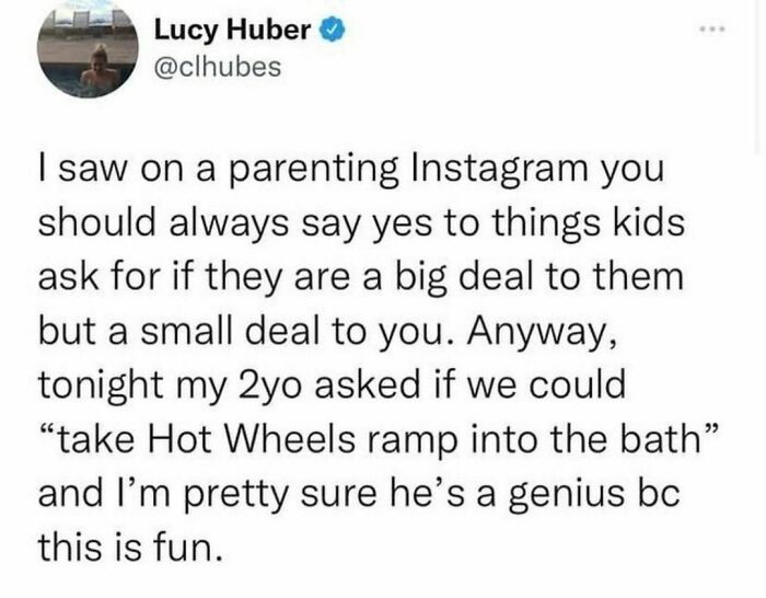 A funny tweet about parenting and a 2-year-old suggesting a Hot Wheels ramp in the bath, shared on a hilarious tweets page.