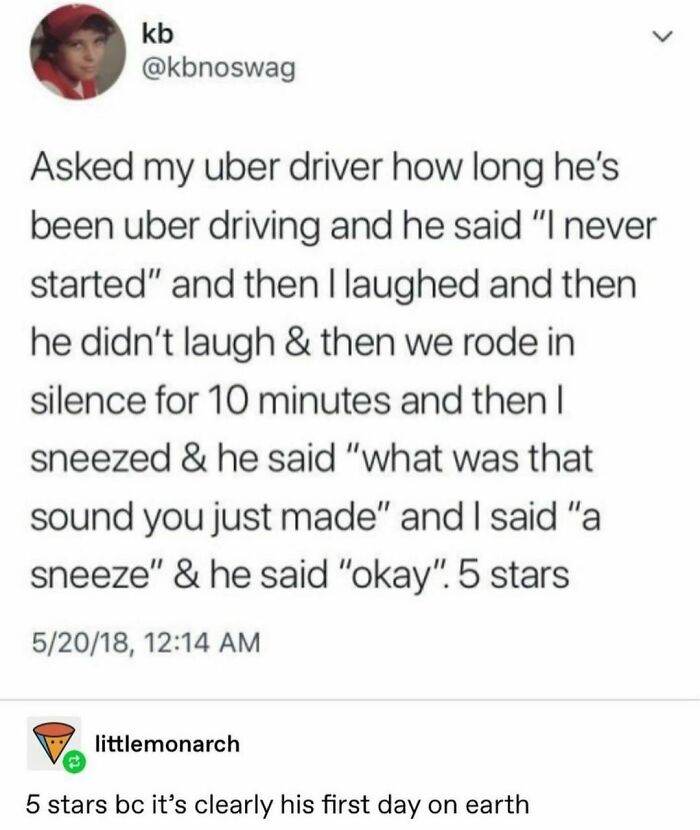 Funny tweet about an awkward Uber ride and silent moments, shared among 100 of the most hilarious tweets on Instagram.