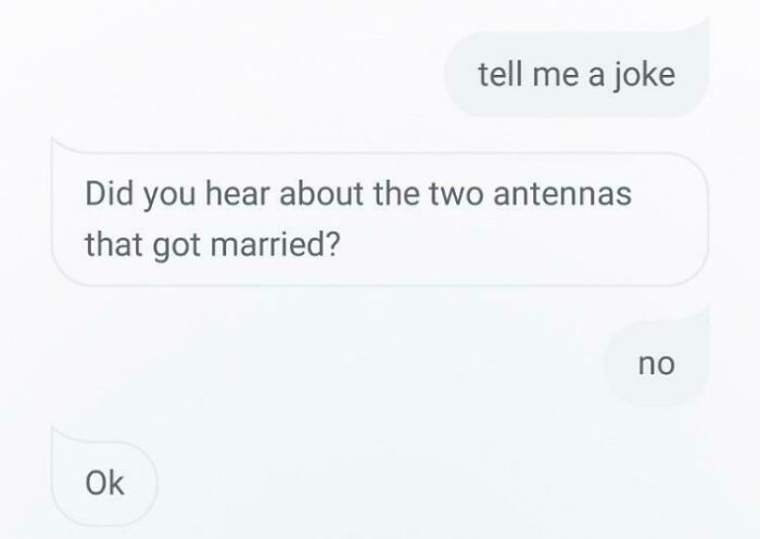 Awkward text message screenshot featuring a joke about antennas getting married.