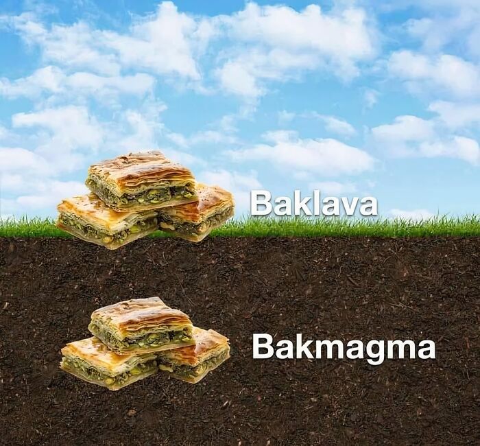 Baklava above ground and bakmagma below ground in soil, combining science and humor with a geology pun.