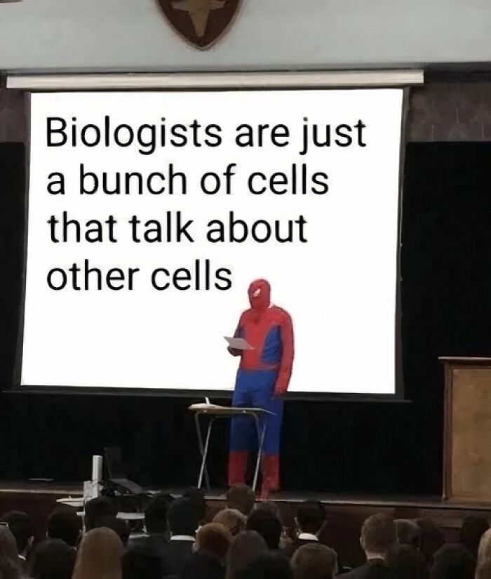 Person dressed as Spider-Man giving a humorous science presentation about biologists and cells to an audience.