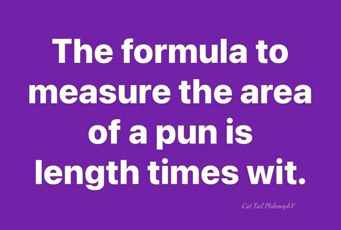 Humorous science meme with a pun formula measuring the area as length times wit on a purple background.