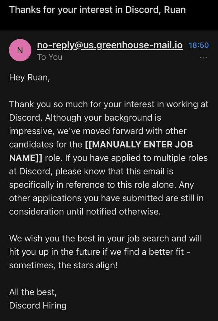 Rejection email from Discord hiring team mentioning job application status and encouraging future opportunities, illustrating job fail.