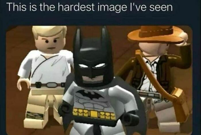 LEGO figures of Batman, Indiana Jones, and Luke Skywalker, embodying "pics that go hard" energy.