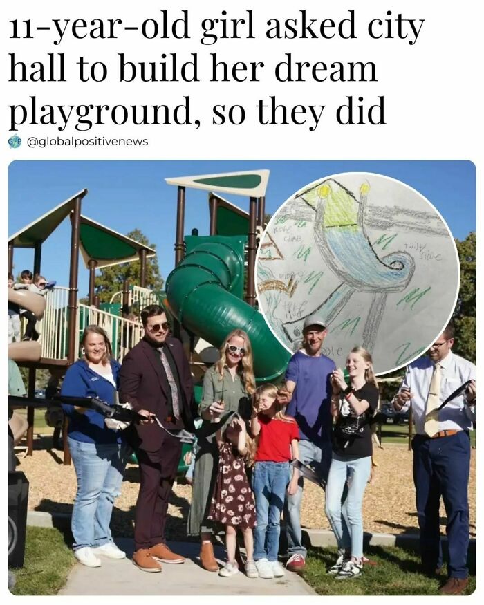 A joyful group at a playground opening, featuring a young girl who inspired the ‘global positive news’ event.
