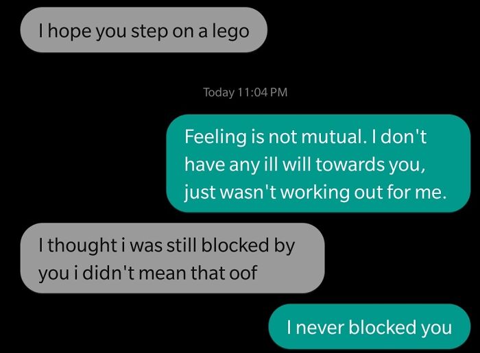 Awkward text messages exchange about blocking and misunderstandings.