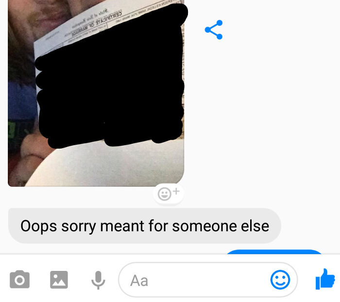 Awkward text message saying "Oops sorry meant for someone else" with a screenshot.