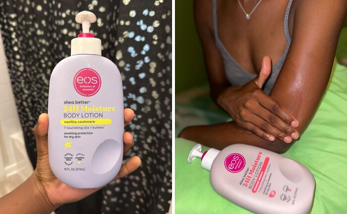 EOS body lotion for dry skin, addressing winter beauty woes, held in hand and applied to arm on a bed with green blanket.