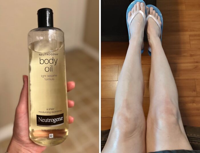 Neutrogena body oil for winter skin, shown next to moisturized legs in sandals, highlighting beauty finds.