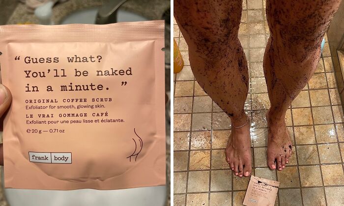 Coffee scrub packaging and exfoliated legs in a shower, addressing winter beauty woes.