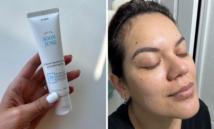 Hand holding beauty cream and woman smiling with clear skin, showcasing a winter skincare solution.