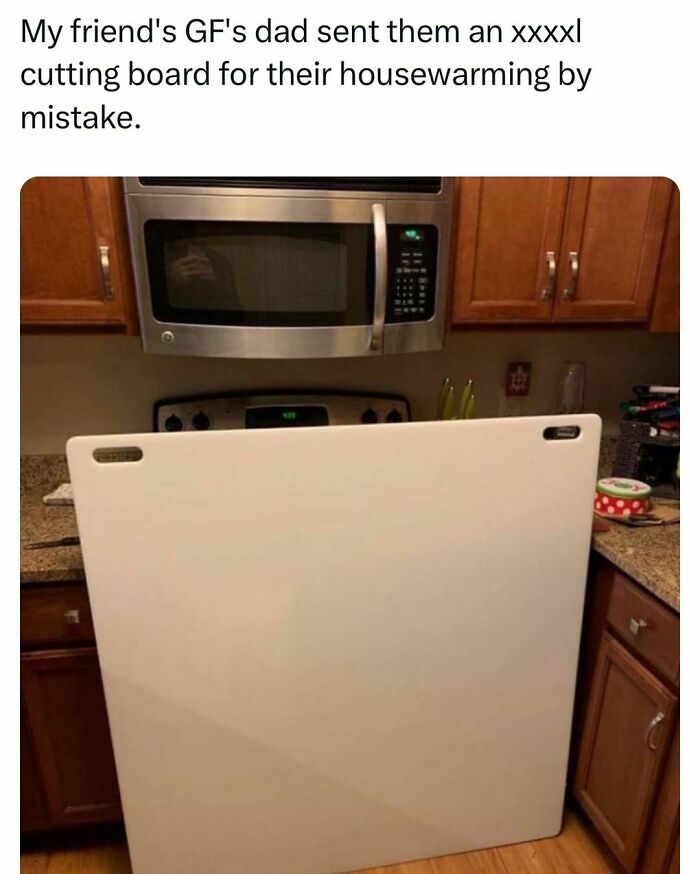 XXXL cutting board in a kitchen as a funny college confessions meme.