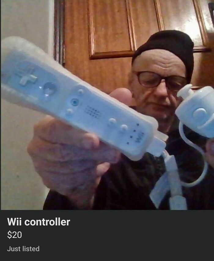Elderly person holding a Wii controller, priced at $20, described as just listed.