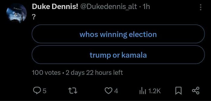 Twitter poll asking who is winning the election between Trump or Kamala, showing interactive social media fail.