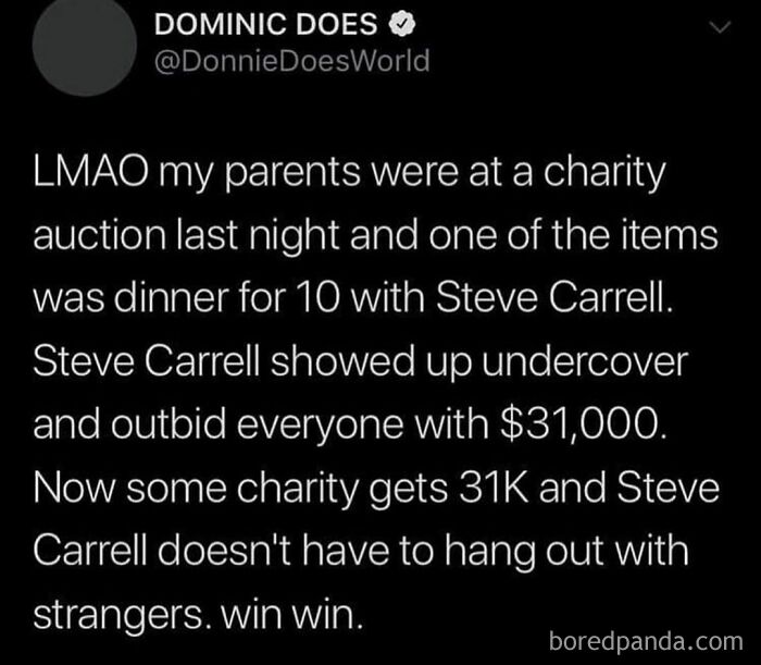 Tweet about a charity auction where Steve Carrell secretly outbids others, highlighting hilarious tweets shared on this IG page.
