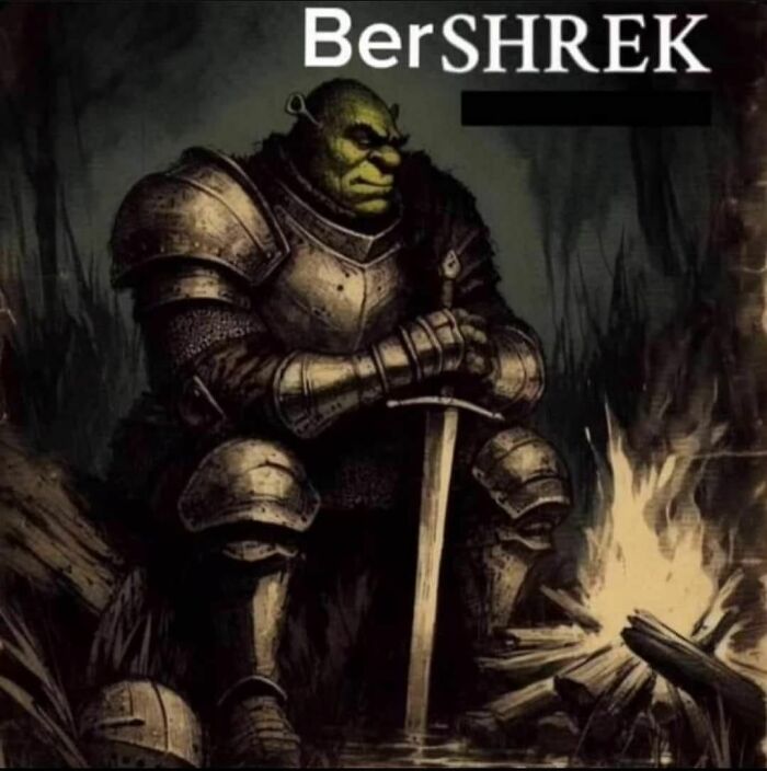 Shrek in armor, sitting by a fire with a sword, in a fantasy artwork.