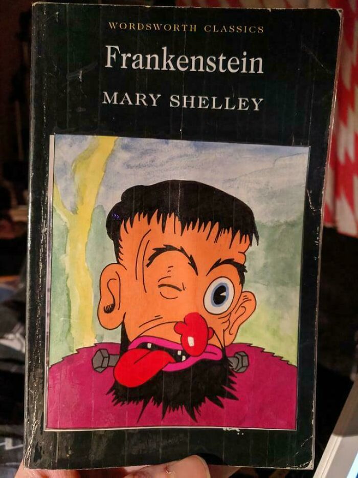 Terrible book cover of "Frankenstein" by Mary Shelley with cartoonish illustration.