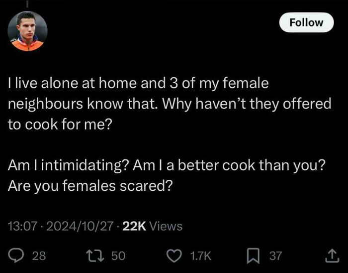 Tweet with a clueless misogynist comment questioning why female neighbors haven't cooked for him.