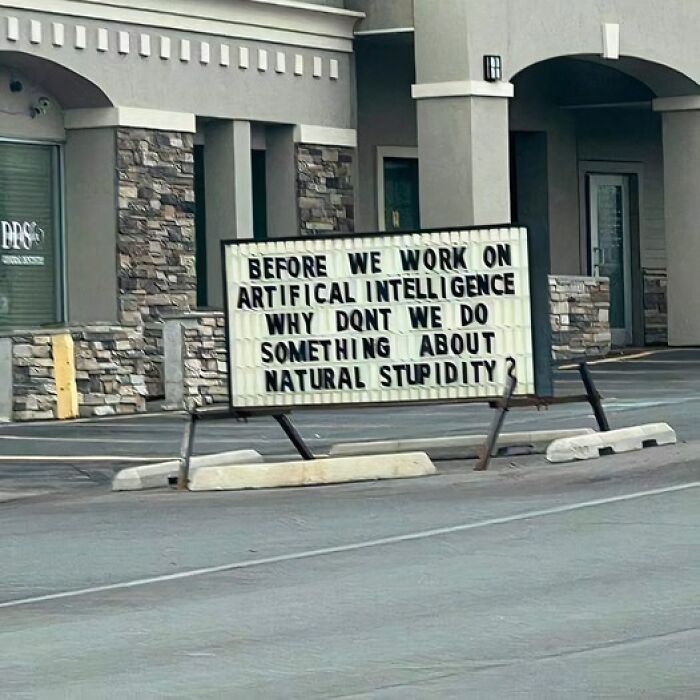 Humorous outdoor sign questioning artificial intelligence and natural stupidity, blending science and humor in a public space.