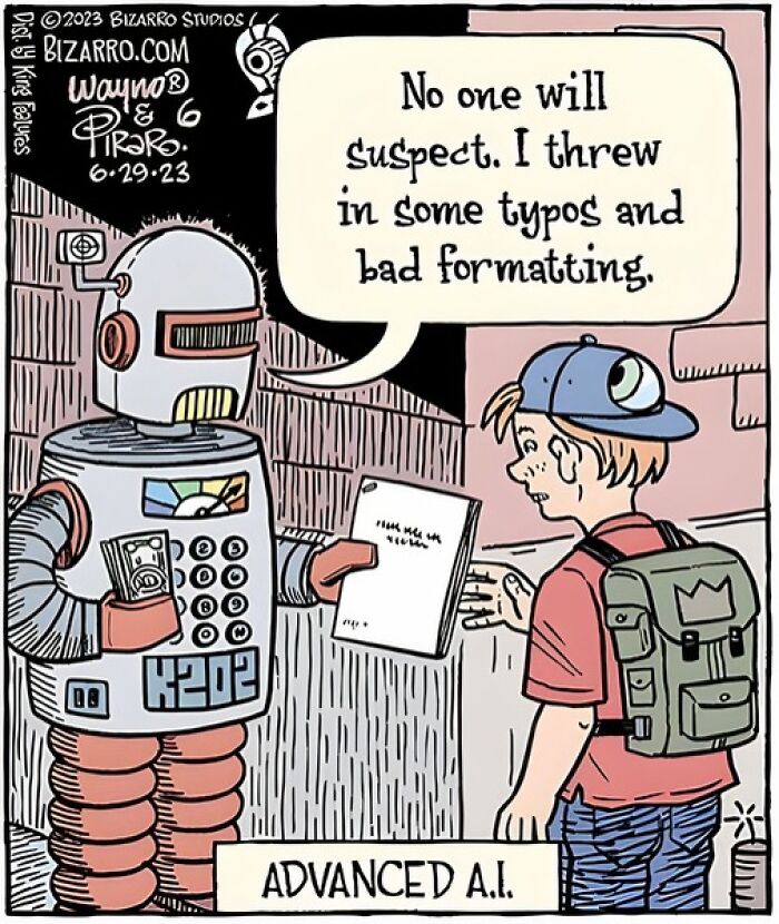 Robot handing paper with typos to a boy, illustrating humor in advanced AI, science meme combining humor with technology concept.