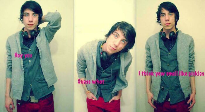 Young person in casual outfit, posing awkwardly in three photos with captions, represents "blunder years" moments.