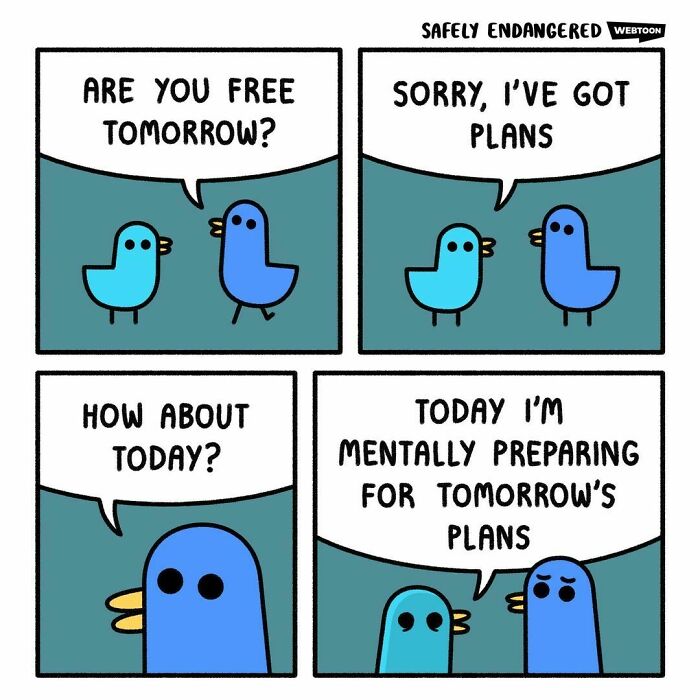 Two cartoon birds discuss plans to show relatable mental health humor.