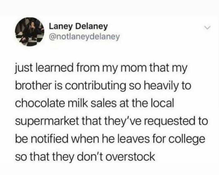 Screenshot of a funny tweet about chocolate milk sales, featured among the most hilarious tweets on an IG page.