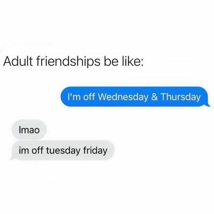 Text meme showing a sarcastic chat about coordinating adult friendships with different days off work.