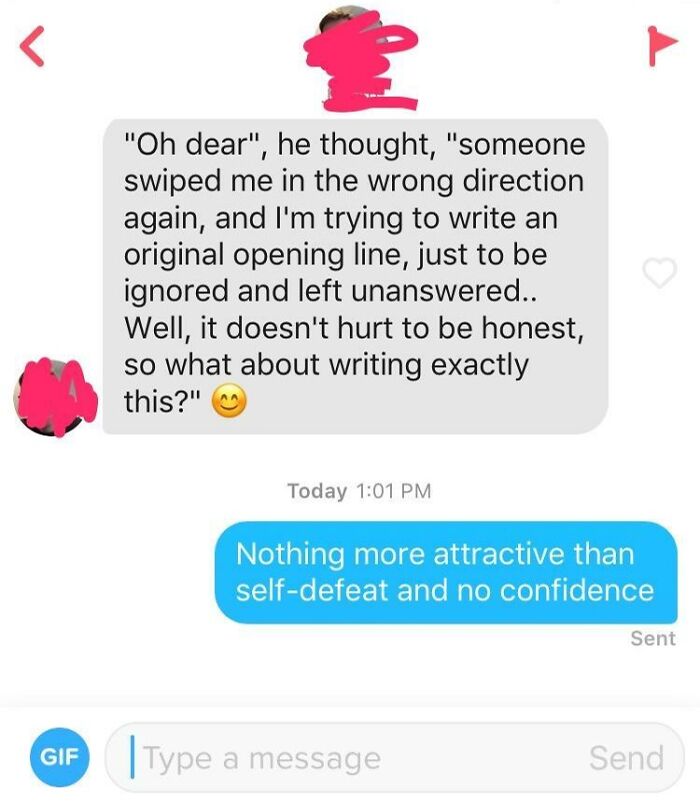 Awkward text message exchange with a humorous reply highlighting self-defeat and lack of confidence.