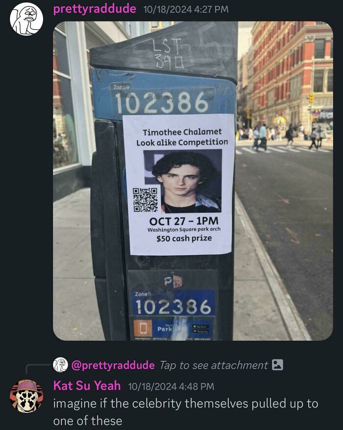 Poster for look-alike contest on parking meter, NYC street scene.
