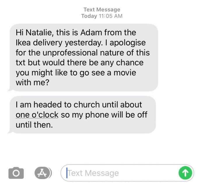 Awkward text message screenshot: Adam from Ikea asking Natalie out for a movie, with an apology for being unprofessional.