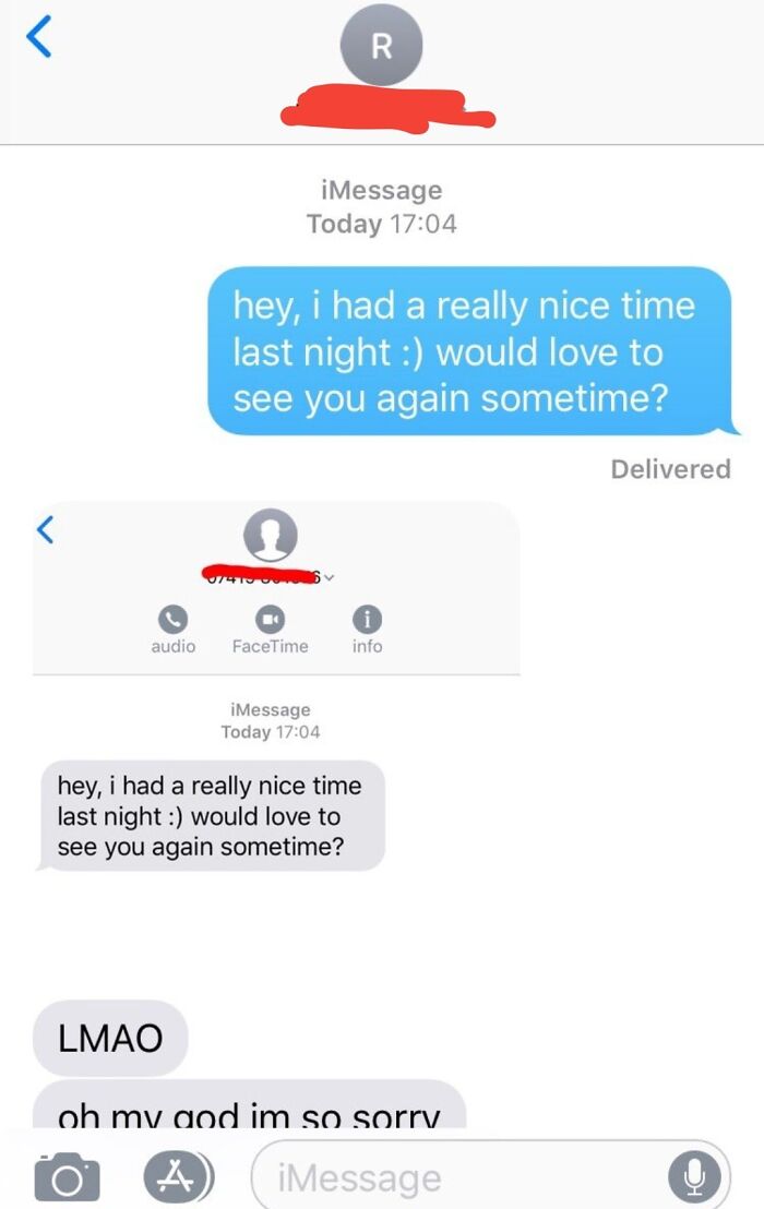 Awkward text message conversation with duplicated reply and humorous response.