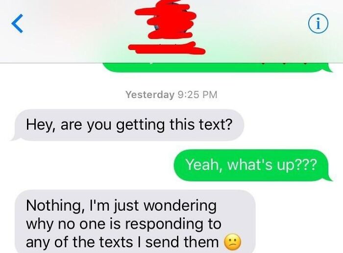 Awkward text message conversation discussing lack of response, with a confused emoji included.