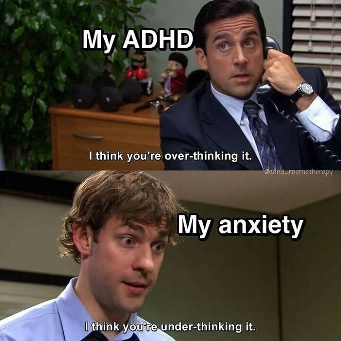 Two-part meme humorously depicting relatable themes in mental health.