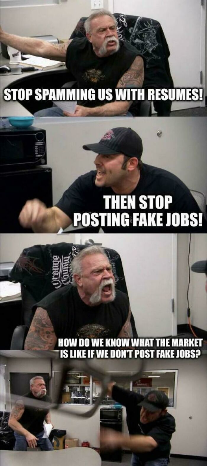 Meme depicting a heated debate over job postings and resumes, related to recruiting challenges.