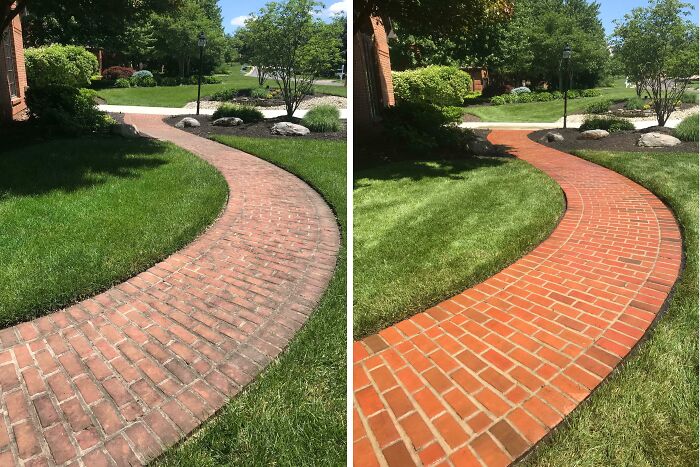 "Brick walkway before and after power washing, showcasing satisfying results and vibrant clean surface."
