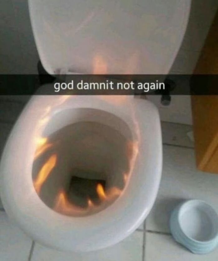 Toilet bowl on fire with a caption expressing frustration, illustrating a dark hilarious twist in bizarre reality pics.