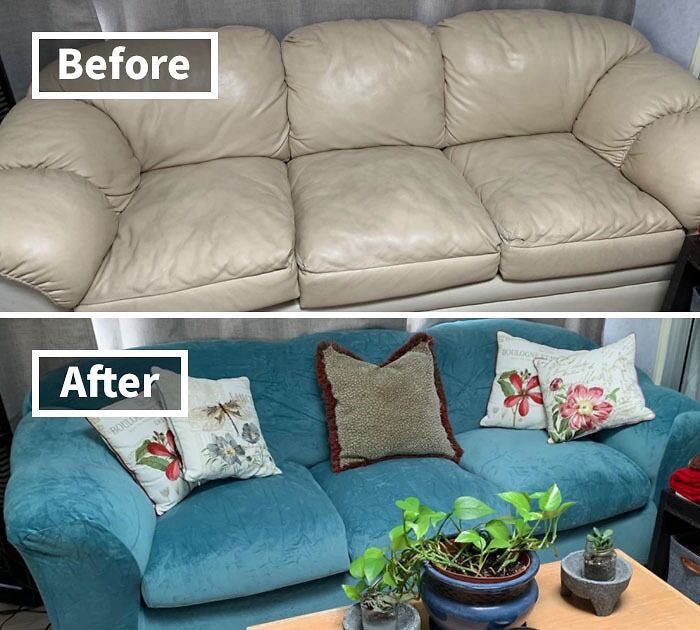 Before and after image showing a clever living room hack to conceal eyesores with new cushions and fabric cover.