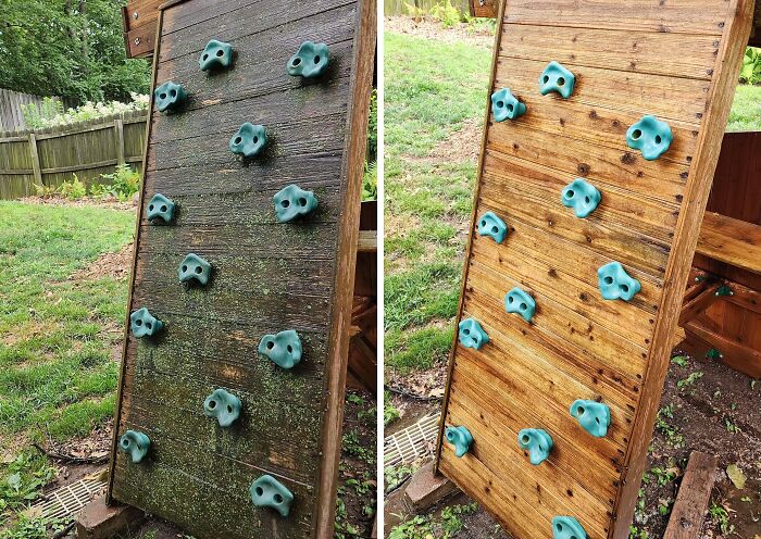 Power-washed climbing wall before and after, showcasing satisfying results of cleaning with striking contrast.