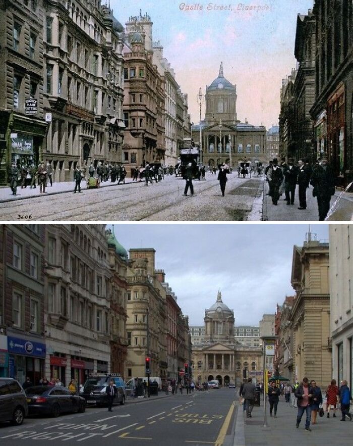 Castle Street Liverpool historic city view compared with the present day showing urban development and street changes.