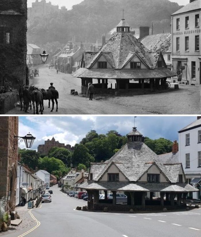 Side-by-side comparison of a historic market building in a city showing past and present views with changes in surroundings.