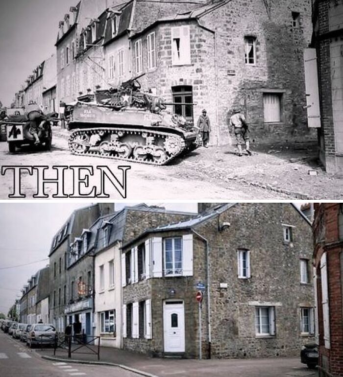Black and white then and color now photos of a city street showing past wartime and present-day scenes of urban life.