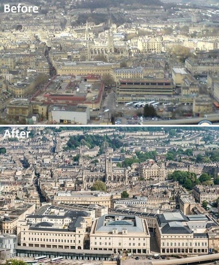 Before and after aerial views showing changes in cityscape with historic buildings and urban greenery over time.