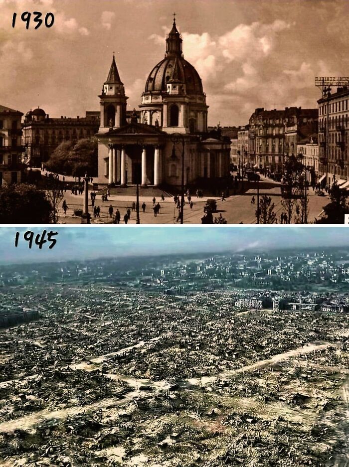 1930 cityscape with historic buildings contrasted with the same city in 1945 after wartime destruction, showing past and present.
