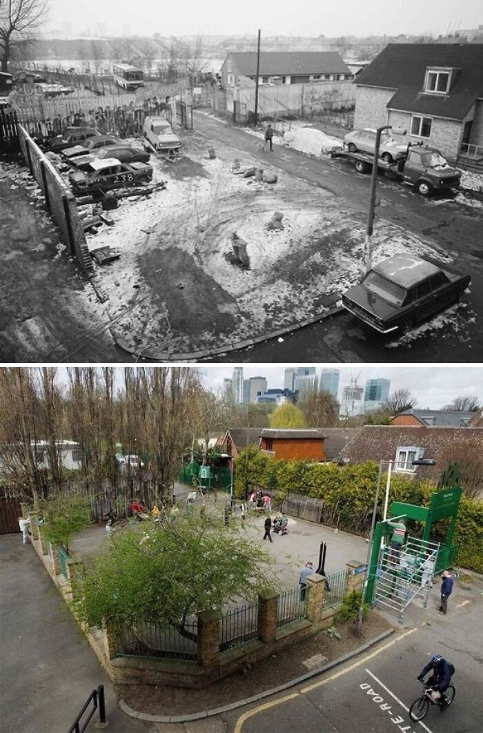 Side-by-side pics of the same city area showing changes from past with old cars to a present green urban park.