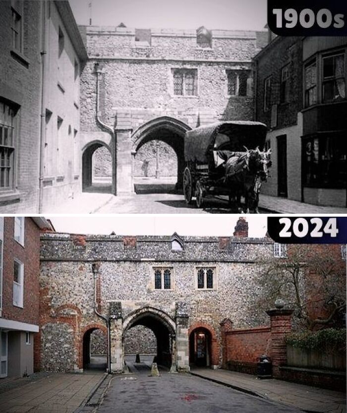 Black and white 1900s city street with horse carriage contrasted with the same city gate in 2024, showing urban change over time.