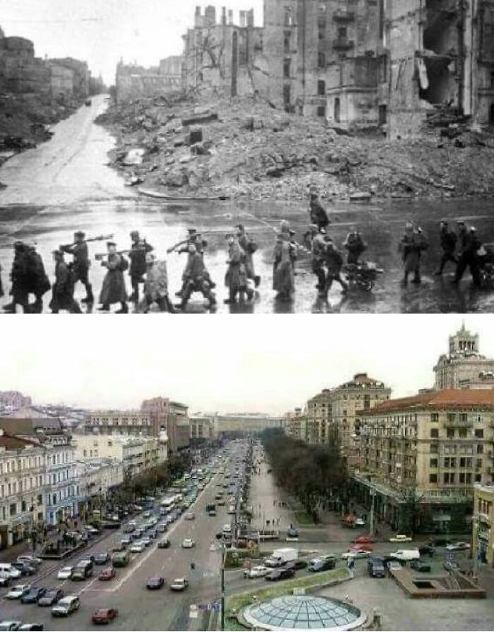 City view in the past with war damage contrasted with the present busy urban street showing city transformation over time.