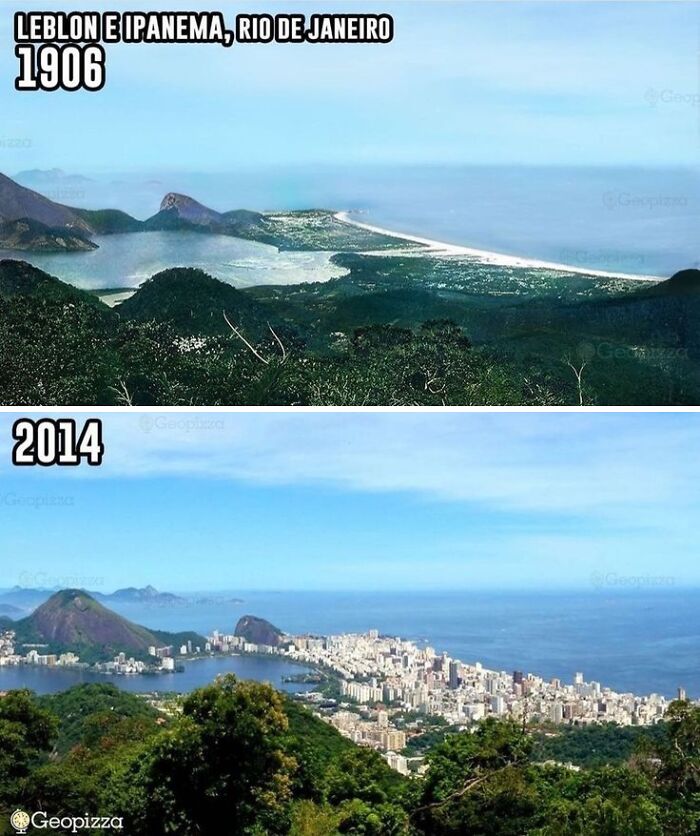 View of Leblon and Ipanema, Rio de Janeiro city in 1906 and 2014 showing urban growth and changes in the past and present.