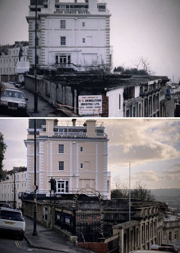Side-by-side city pics showing past demolition and present restoration of historic Avon Gorge Hotel.